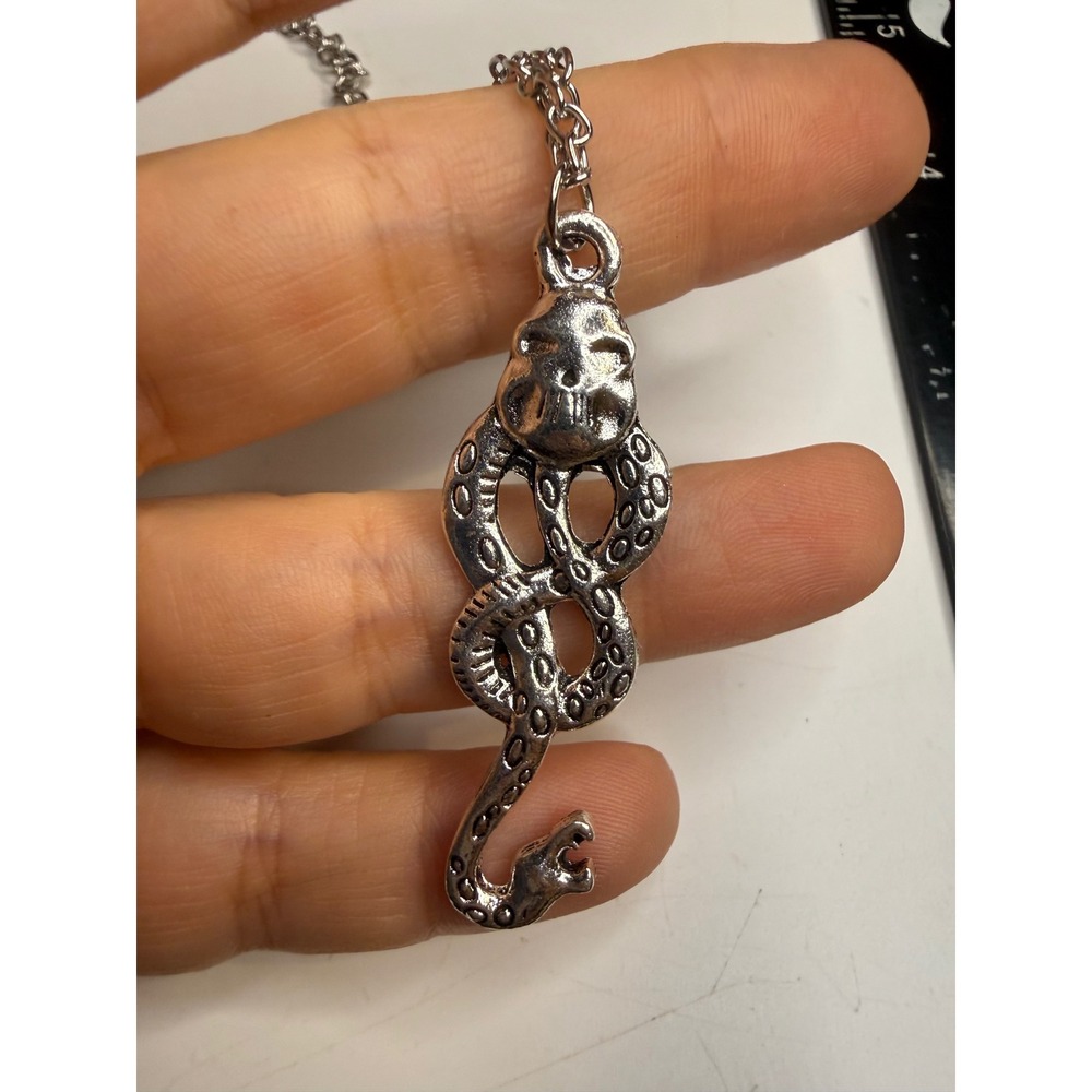 Silver Tone Dark Mark Snake Skull Pendant Necklace Gothic Wizard Fantasy